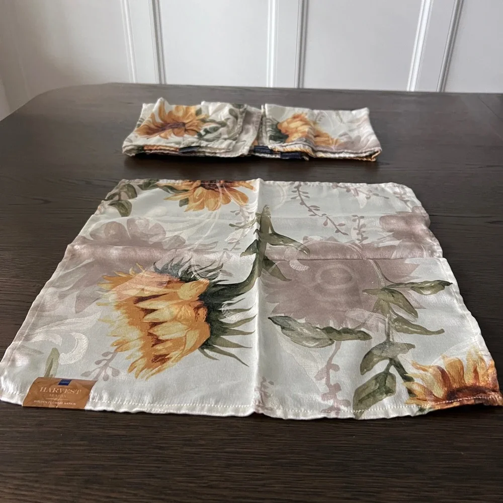 Harvest Season Golden Flowers Napkins Set 5 Cotton Blend Table‎ Linens Vintage